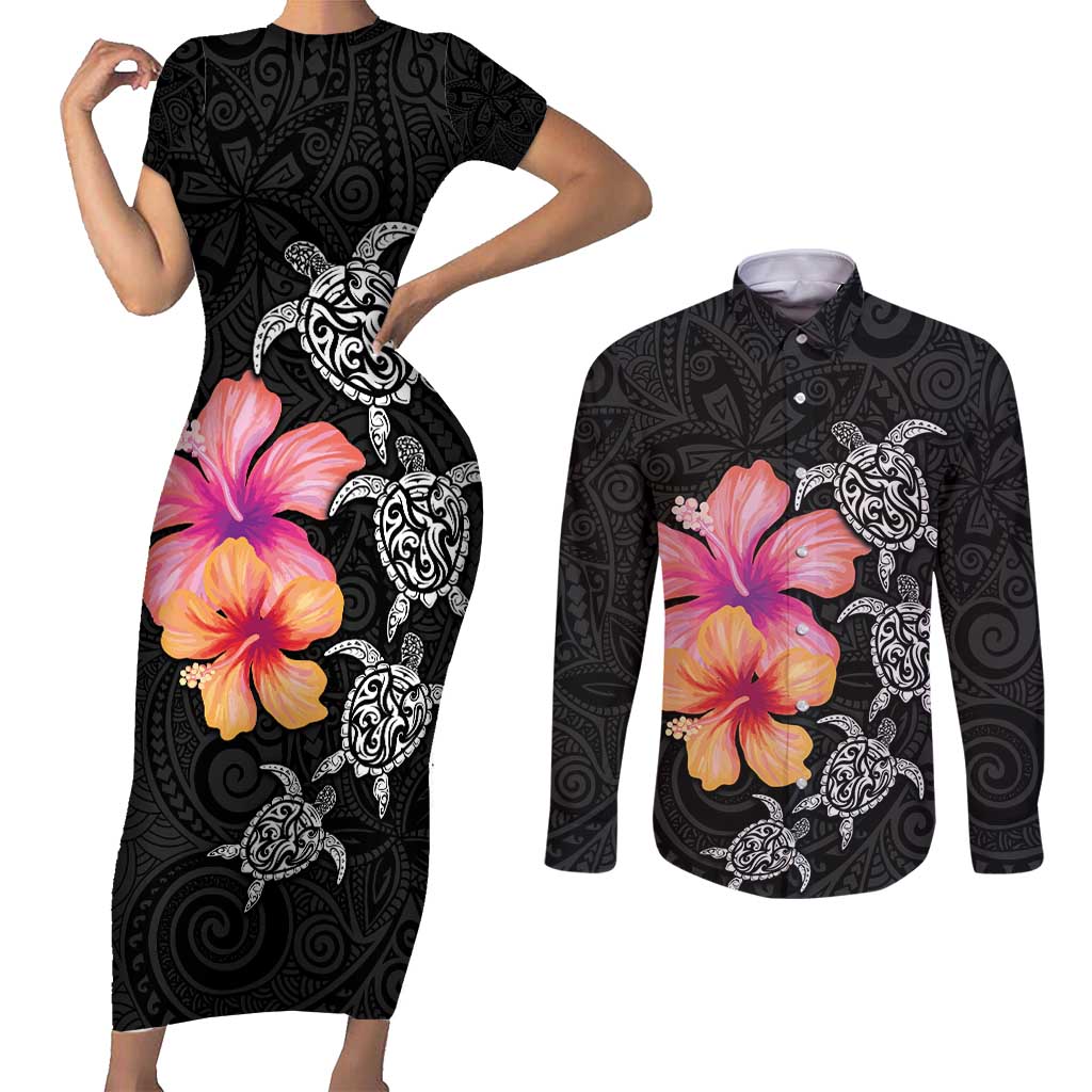 Hawaiian Hibiscus Turtle Tribal Polynesian Pattern Couples Matching Short Sleeve Bodycon Dress and Long Sleeve Button Shirt Black Color