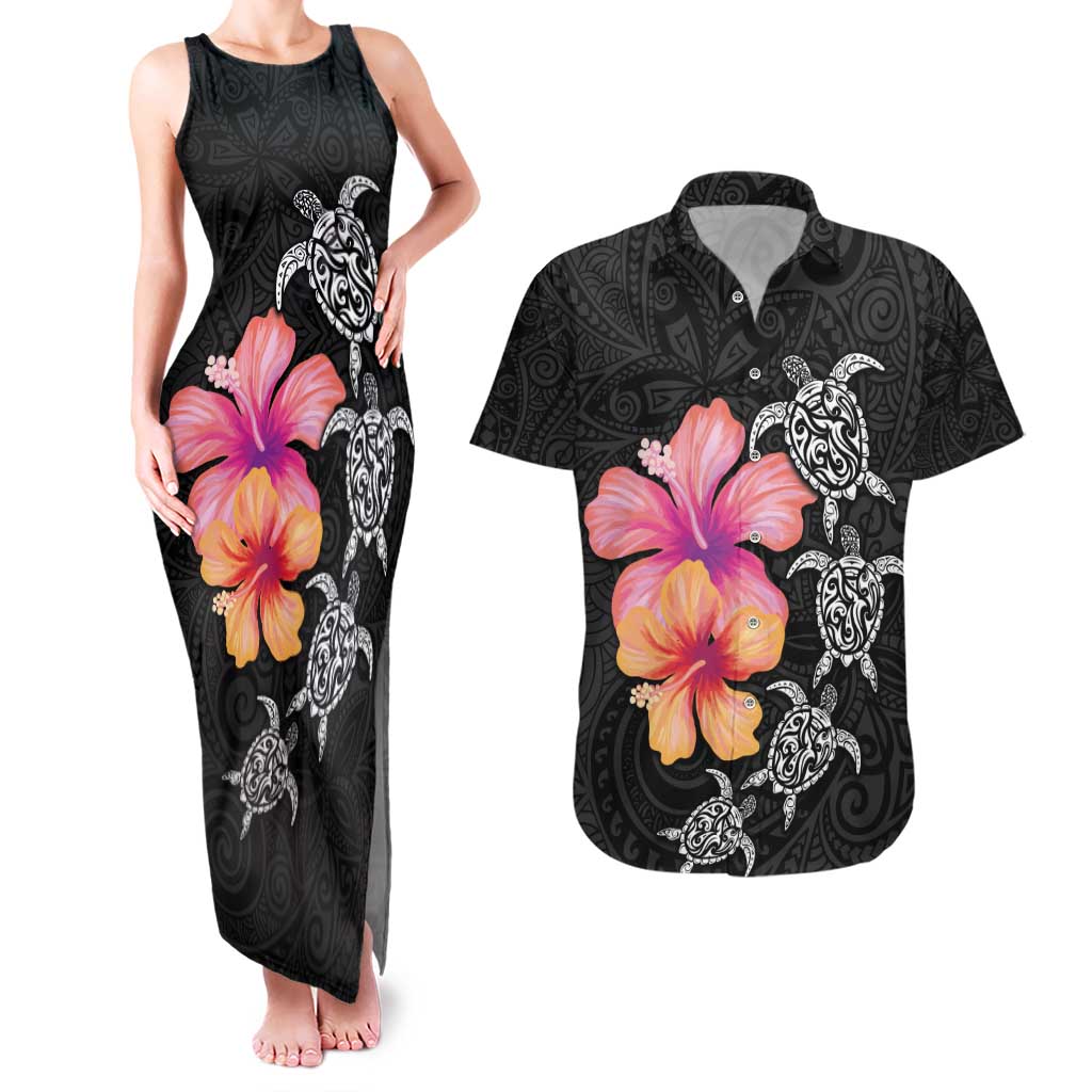 Hawaiian Hibiscus Turtle Tribal Polynesian Pattern Couples Matching Tank Maxi Dress and Hawaiian Shirt Black Color