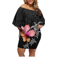 Hawaiian Hibiscus Turtle Tribal Polynesian Pattern Family Matching Off Shoulder Short Dress and Hawaiian Shirt Black Color