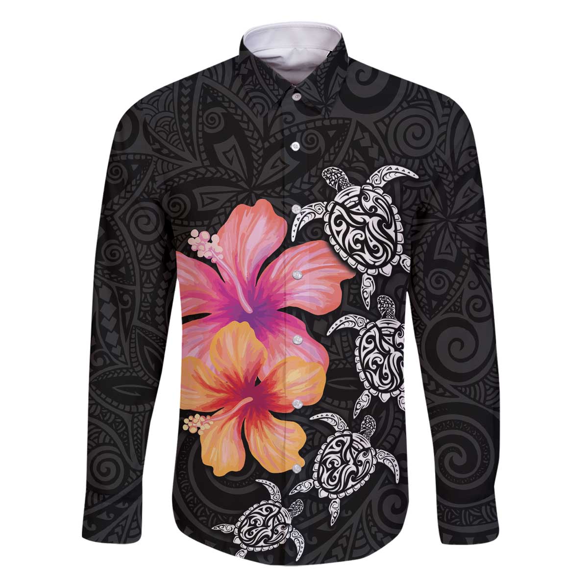 Hawaiian Hibiscus Turtle Tribal Polynesian Pattern Family Matching Puletasi and Hawaiian Shirt Black Color