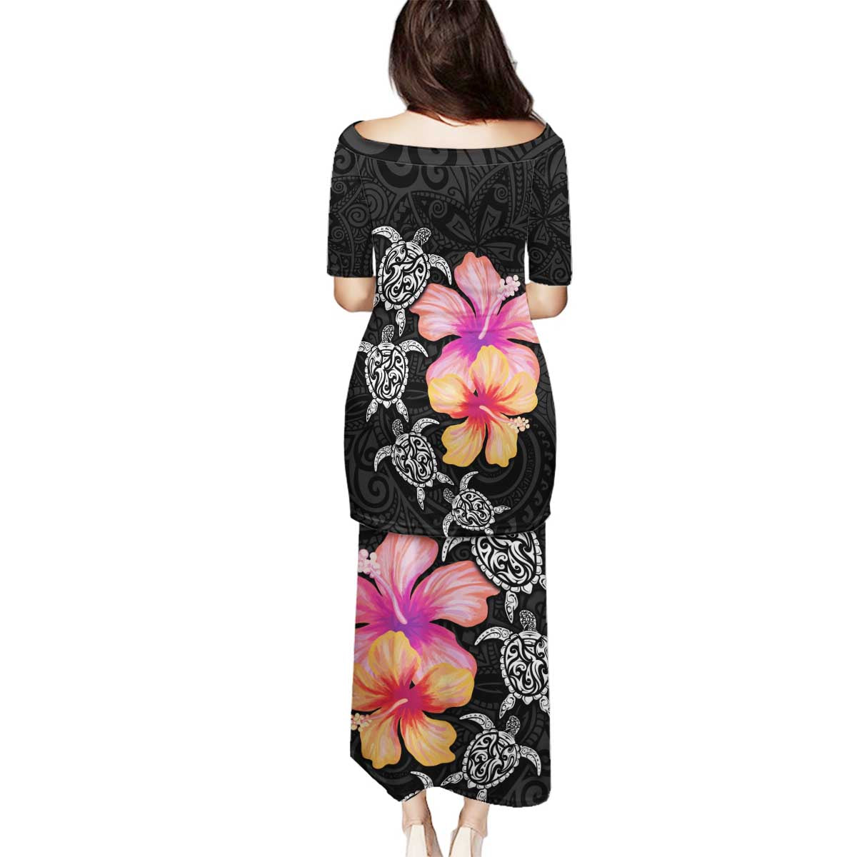 Hawaiian Hibiscus Turtle Tribal Polynesian Pattern Family Matching Puletasi and Hawaiian Shirt Black Color