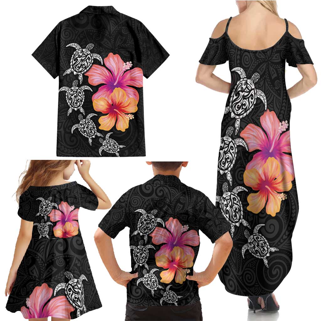 Hawaiian Hibiscus Turtle Tribal Polynesian Pattern Family Matching Summer Maxi Dress and Hawaiian Shirt Black Color
