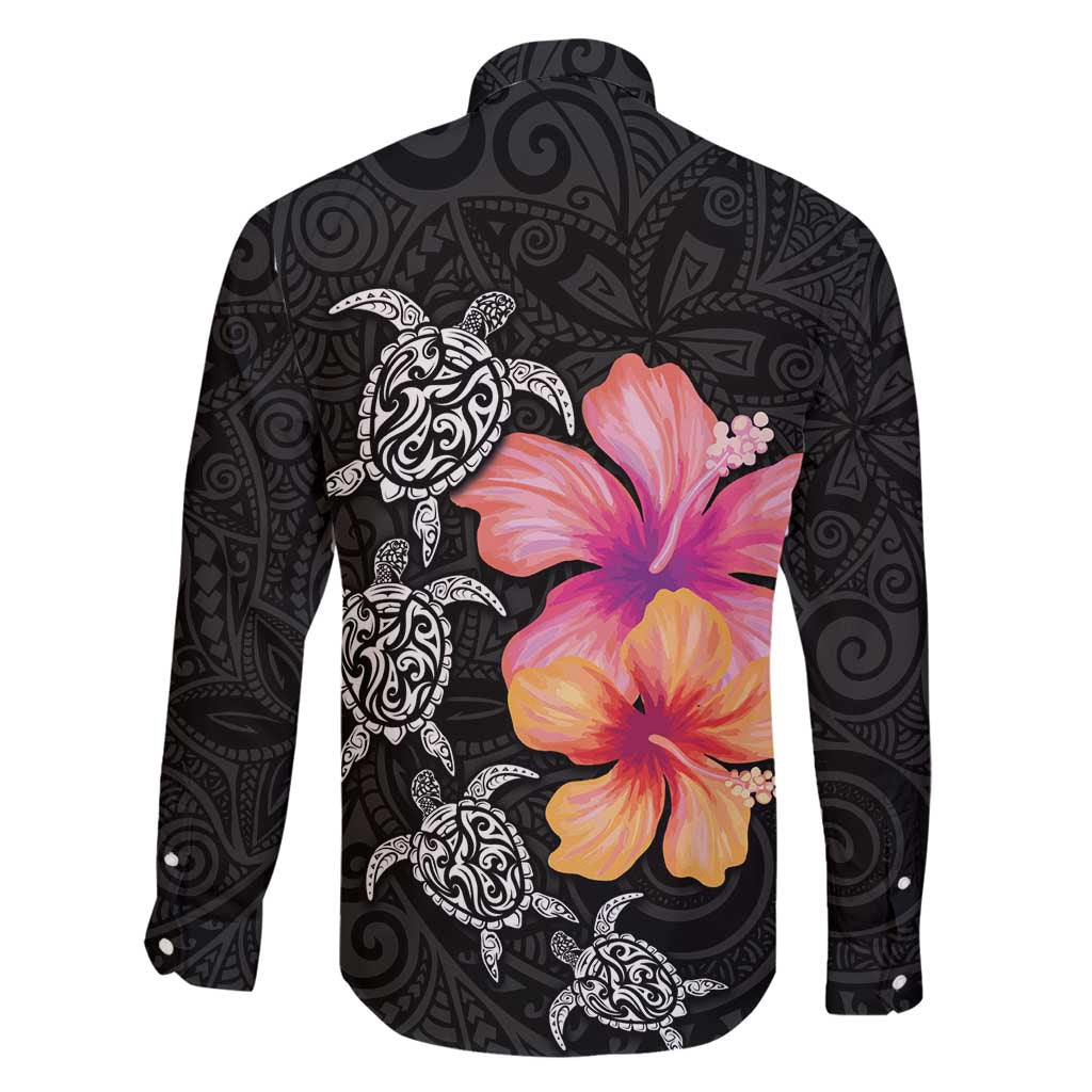 Hawaiian Hibiscus Turtle Tribal Polynesian Pattern Family Matching Summer Maxi Dress and Hawaiian Shirt Black Color