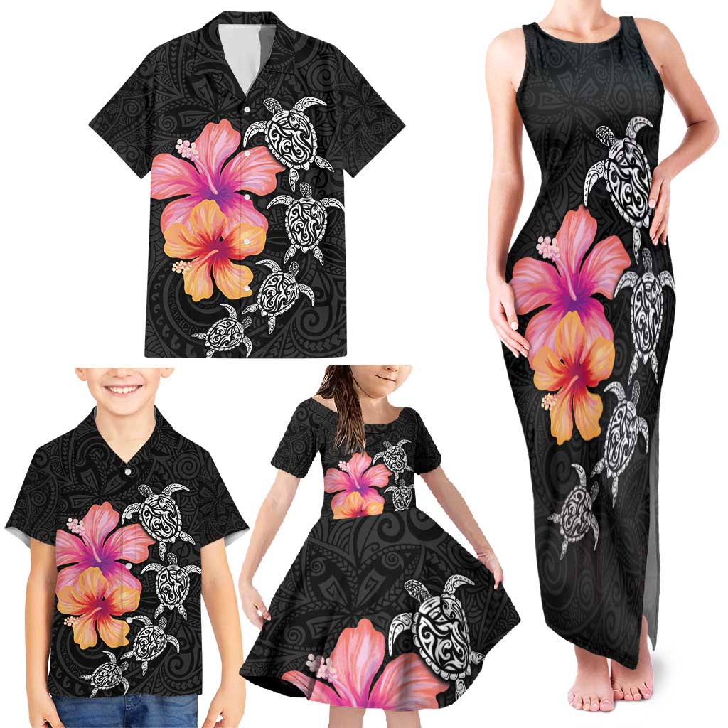 Hawaiian Hibiscus Turtle Tribal Polynesian Pattern Family Matching Tank Maxi Dress and Hawaiian Shirt Black Color