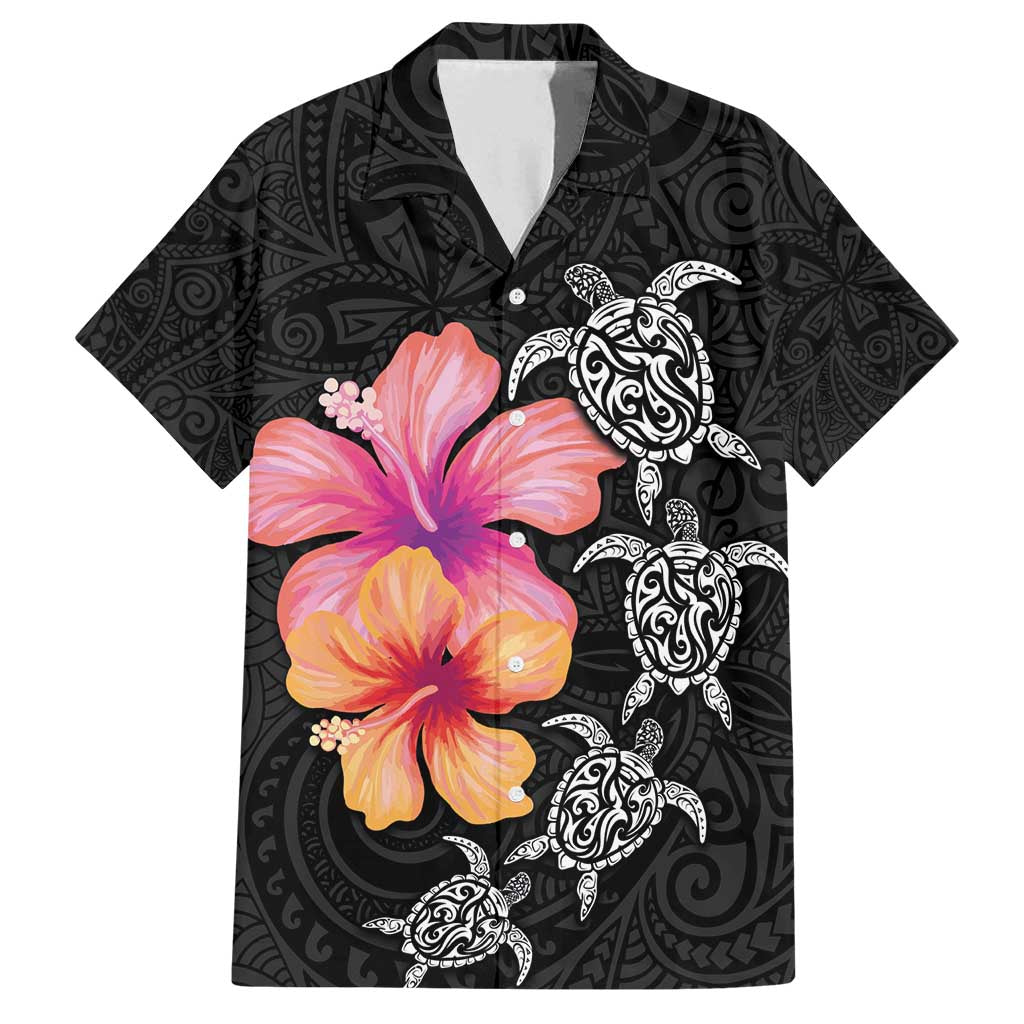 Hawaiian Hibiscus Turtle Tribal Polynesian Pattern Family Matching Tank Maxi Dress and Hawaiian Shirt Black Color