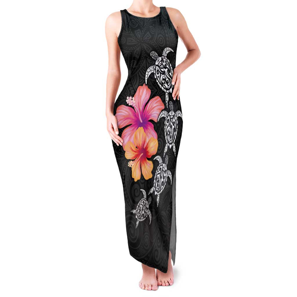 Hawaiian Hibiscus Turtle Tribal Polynesian Pattern Family Matching Tank Maxi Dress and Hawaiian Shirt Black Color