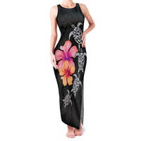 Hawaiian Hibiscus Turtle Tribal Polynesian Pattern Family Matching Tank Maxi Dress and Hawaiian Shirt Black Color
