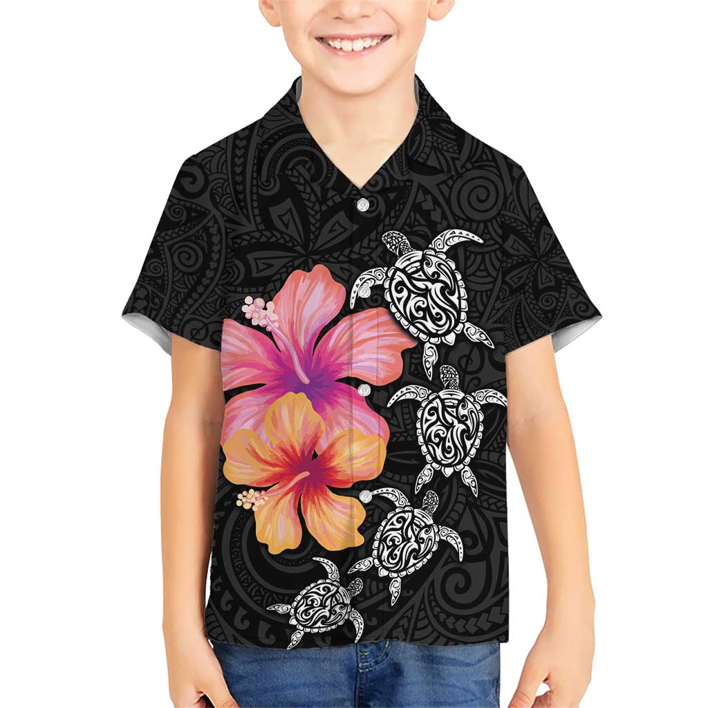 Hawaiian Hibiscus Turtle Tribal Polynesian Pattern Kid Hawaiian Shirt Black Color LT03 Kid Black - Polynesian Pride