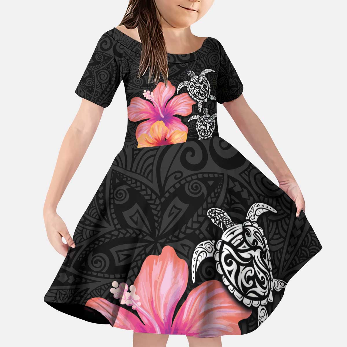 Hawaiian Hibiscus Turtle Tribal Polynesian Pattern Kid Short Sleeve Dress Black Color LT03 KID Black - Polynesian Pride