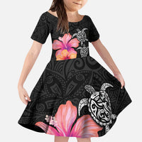 Hawaiian Hibiscus Turtle Tribal Polynesian Pattern Kid Short Sleeve Dress Black Color LT03 KID Black - Polynesian Pride