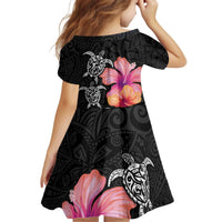 Hawaiian Hibiscus Turtle Tribal Polynesian Pattern Kid Short Sleeve Dress Black Color LT03 - Polynesian Pride