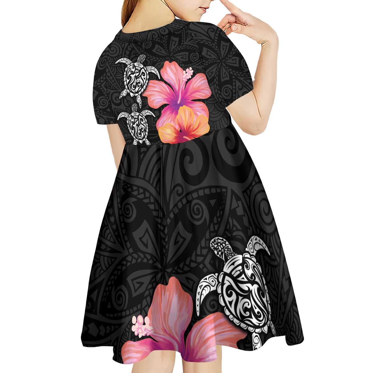 Hawaiian Hibiscus Turtle Tribal Polynesian Pattern Kid Short Sleeve Dress Black Color LT03 - Polynesian Pride