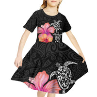 Hawaiian Hibiscus Turtle Tribal Polynesian Pattern Kid Short Sleeve Dress Black Color LT03 - Polynesian Pride