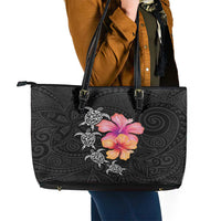 Hawaiian Hibiscus Turtle Tribal Polynesian Pattern Leather Tote Bag Black Color