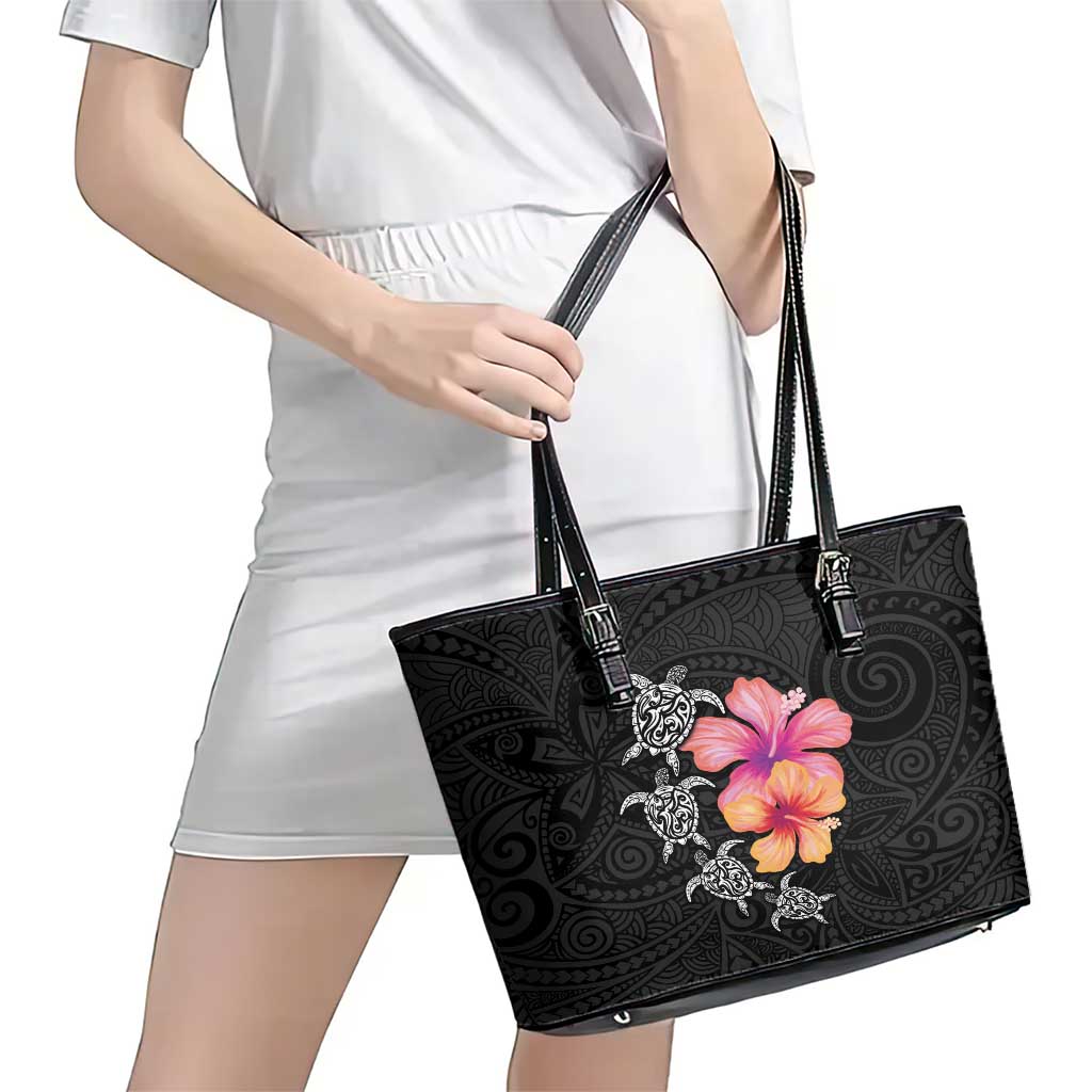Hawaiian Hibiscus Turtle Tribal Polynesian Pattern Leather Tote Bag Black Color