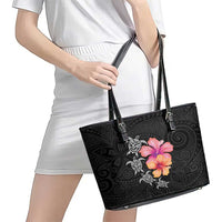 Hawaiian Hibiscus Turtle Tribal Polynesian Pattern Leather Tote Bag Black Color