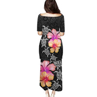 Hawaiian Hibiscus Turtle Tribal Polynesian Pattern Puletasi Black Color