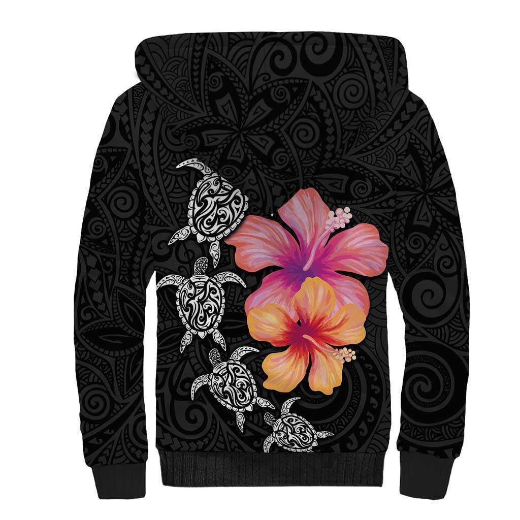 Hawaiian Hibiscus Turtle Tribal Polynesian Pattern Sherpa Hoodie Black Color