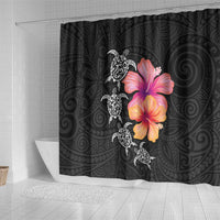 Hawaiian Hibiscus Turtle Tribal Polynesian Pattern Shower Curtain Black Color