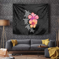 Hawaiian Hibiscus Turtle Tribal Polynesian Pattern Tapestry Black Color