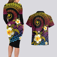 Hawaiian Plumeria Turtle Tribal Spiral Polynesian Tattoo Couples Matching Long Sleeve Bodycon Dress and Hawaiian Shirt Fanciful Color