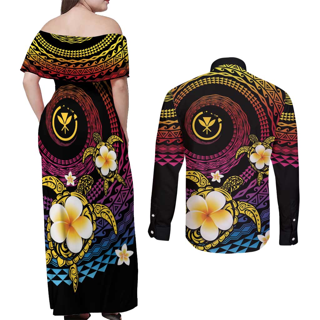 Hawaiian Plumeria Turtle Tribal Spiral Polynesian Tattoo Couples Matching Off Shoulder Maxi Dress and Long Sleeve Button Shirt Fanciful Color