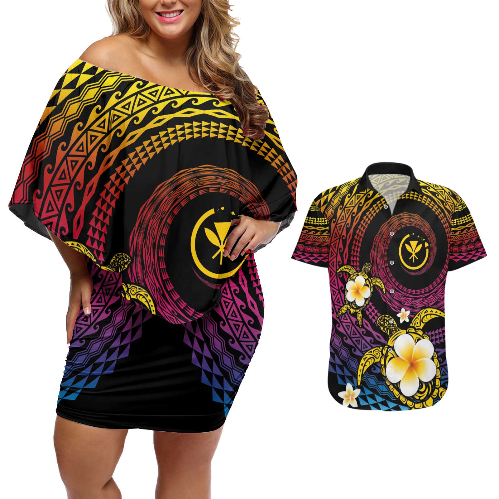 Hawaiian Plumeria Turtle Tribal Spiral Polynesian Tattoo Couples Matching Off Shoulder Short Dress and Hawaiian Shirt Fanciful Color