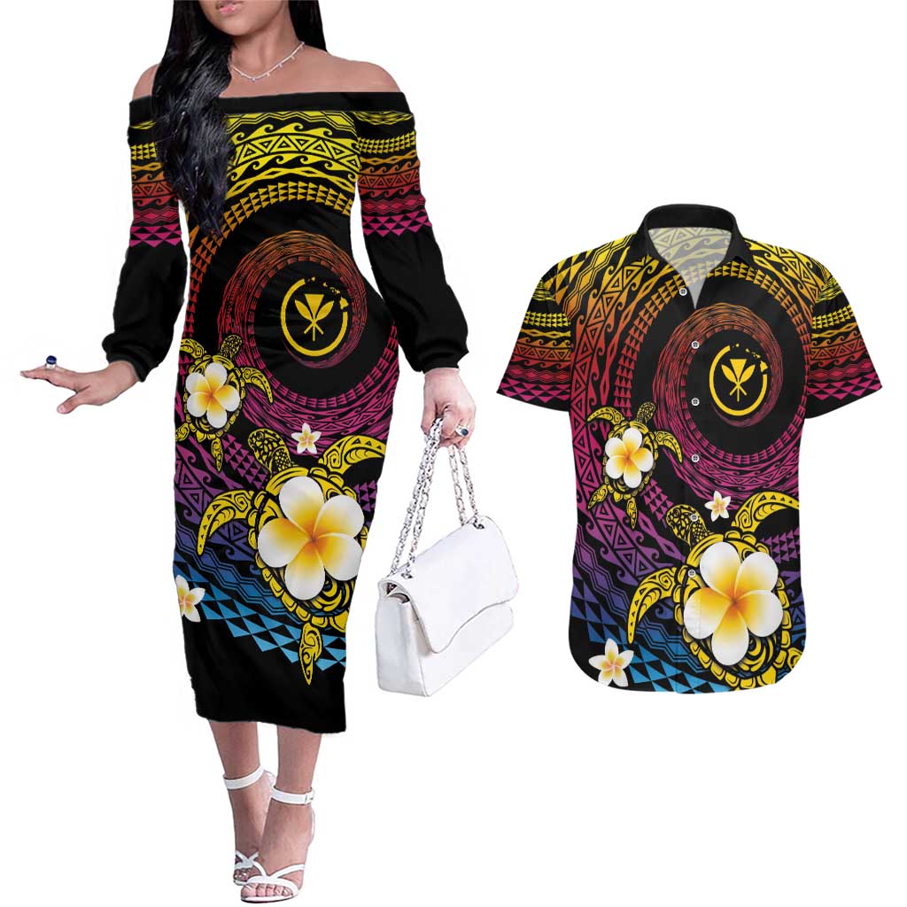 Hawaiian Plumeria Turtle Tribal Spiral Polynesian Tattoo Couples Matching Off The Shoulder Long Sleeve Dress and Hawaiian Shirt Fanciful Color