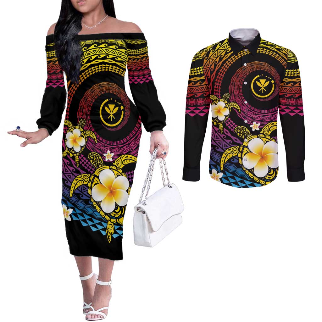 Hawaiian Plumeria Turtle Tribal Spiral Polynesian Tattoo Couples Matching Off The Shoulder Long Sleeve Dress and Long Sleeve Button Shirt Fanciful Color