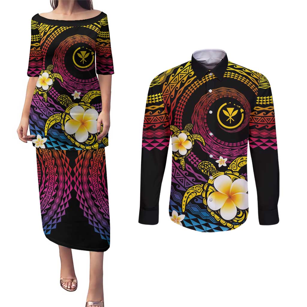 Hawaiian Plumeria Turtle Tribal Spiral Polynesian Tattoo Couples Matching Puletasi and Long Sleeve Button Shirt Fanciful Color