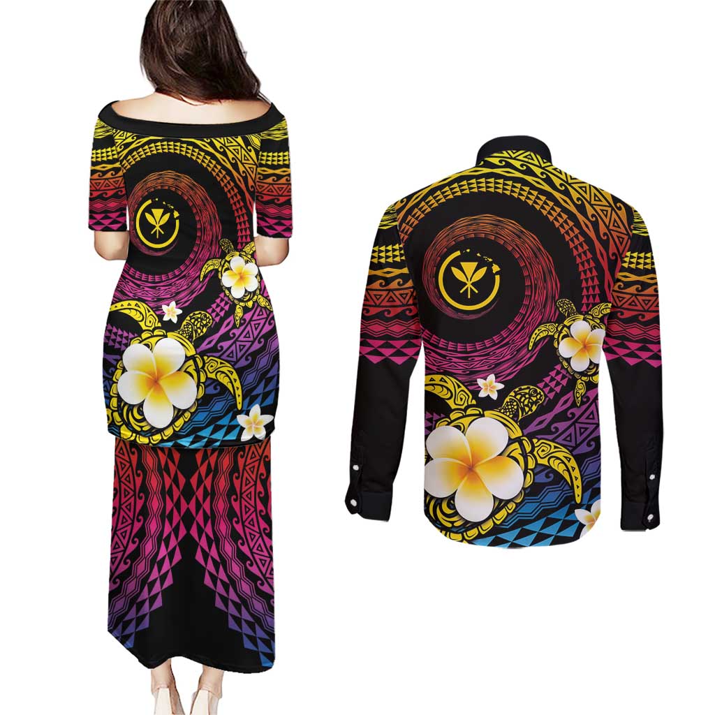 Hawaiian Plumeria Turtle Tribal Spiral Polynesian Tattoo Couples Matching Puletasi and Long Sleeve Button Shirt Fanciful Color