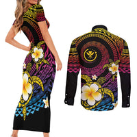 Hawaiian Plumeria Turtle Tribal Spiral Polynesian Tattoo Couples Matching Short Sleeve Bodycon Dress and Long Sleeve Button Shirt Fanciful Color