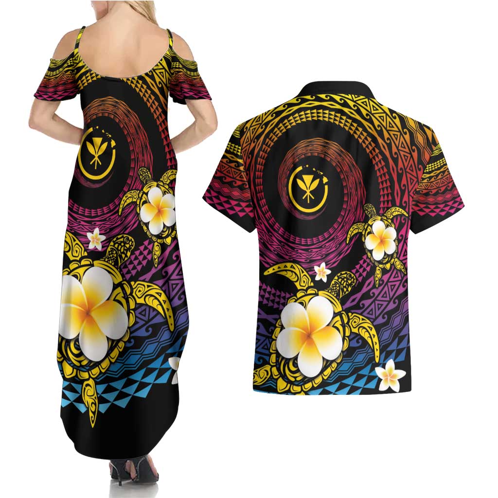 Hawaiian Plumeria Turtle Tribal Spiral Polynesian Tattoo Couples Matching Summer Maxi Dress and Hawaiian Shirt Fanciful Color