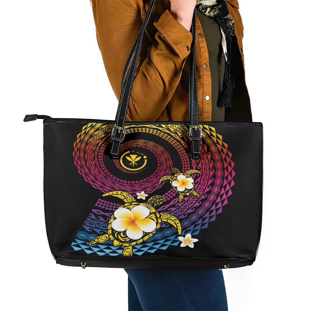 Hawaiian Plumeria Turtle Tribal Spiral Polynesian Tattoo Leather Tote Bag Fanciful Color