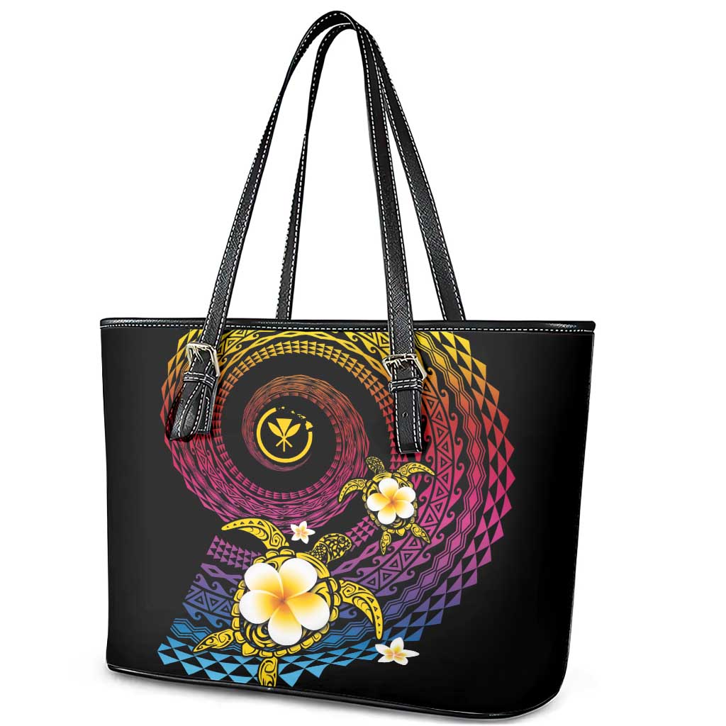 Hawaiian Plumeria Turtle Tribal Spiral Polynesian Tattoo Leather Tote Bag Fanciful Color