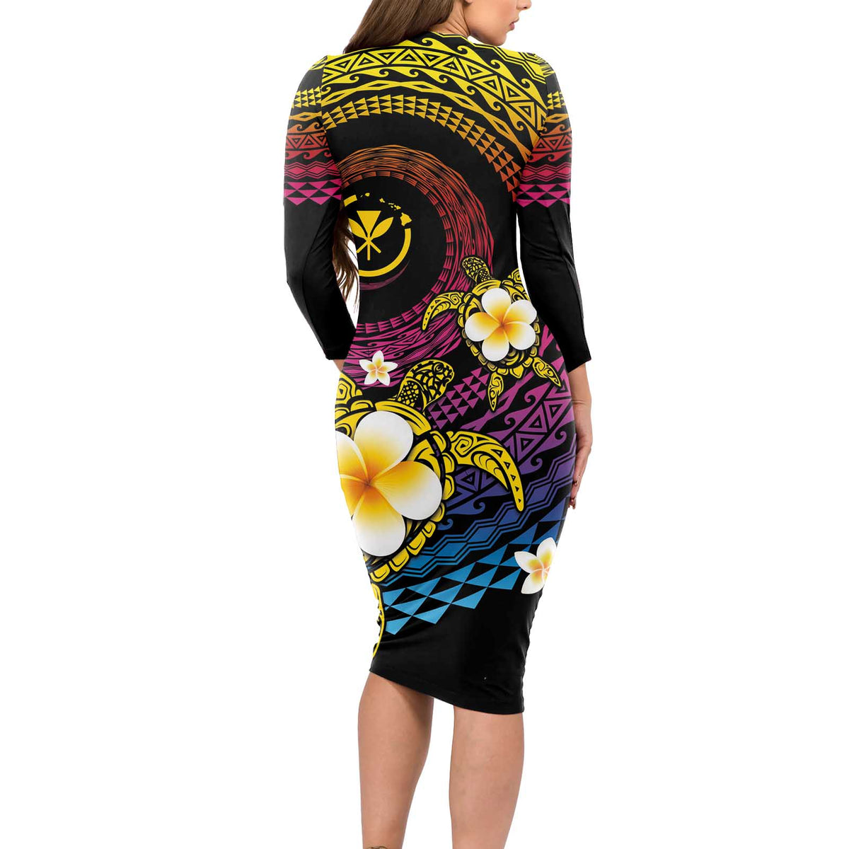 Hawaiian Plumeria Turtle Tribal Spiral Polynesian Tattoo Long Sleeve Bodycon Dress Fanciful Color