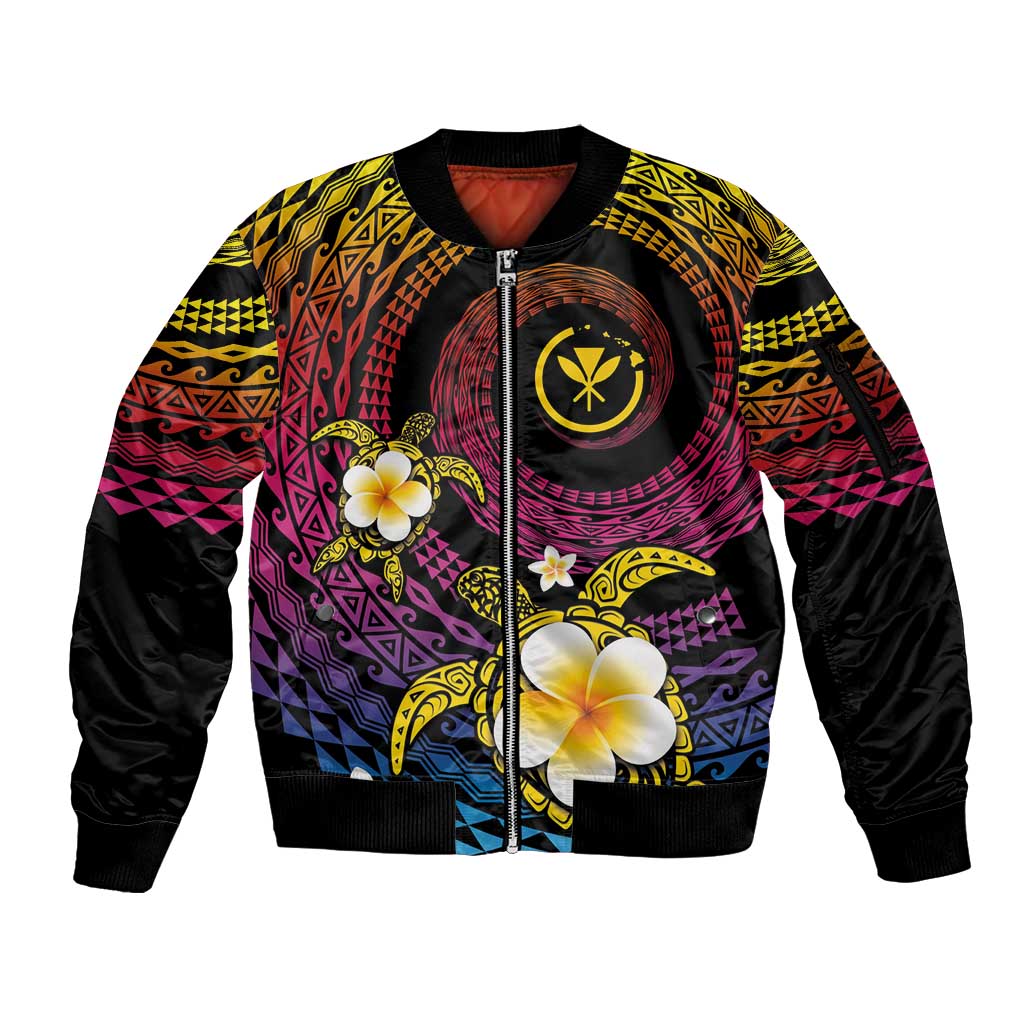 Hawaiian Plumeria Turtle Tribal Spiral Polynesian Tattoo Sleeve Zip Bomber Jacket Fanciful Color
