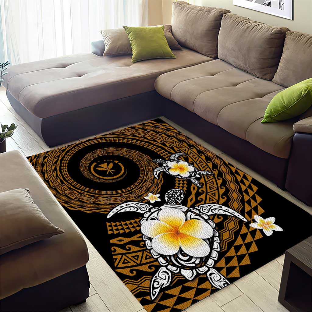 Hawaiian Plumeria Turtle Tribal Spiral Polynesian Tattoo Area Rug Gold Color