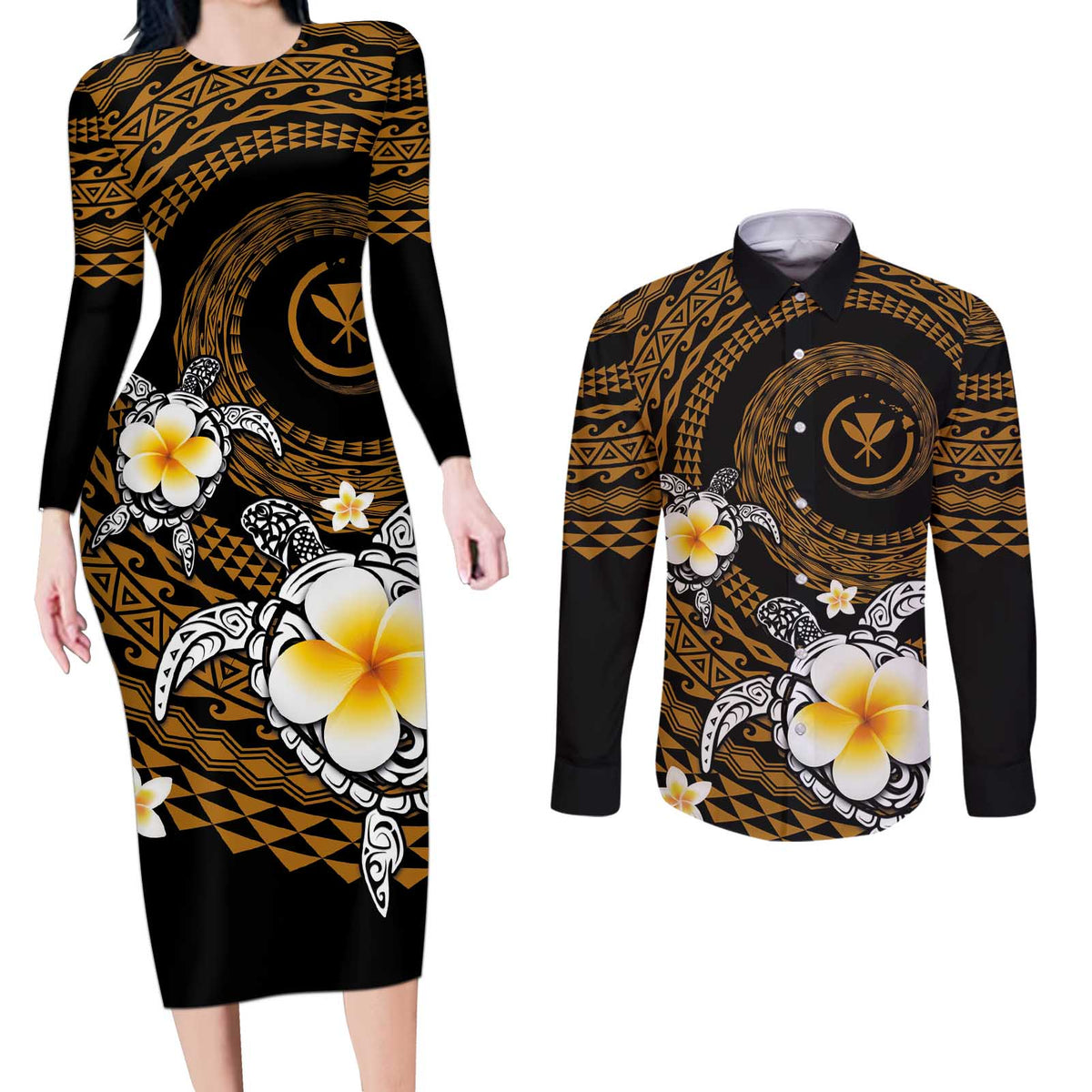 Hawaiian Plumeria Turtle Tribal Spiral Polynesian Tattoo Couples Matching Long Sleeve Bodycon Dress and Long Sleeve Button Shirt Gold Color