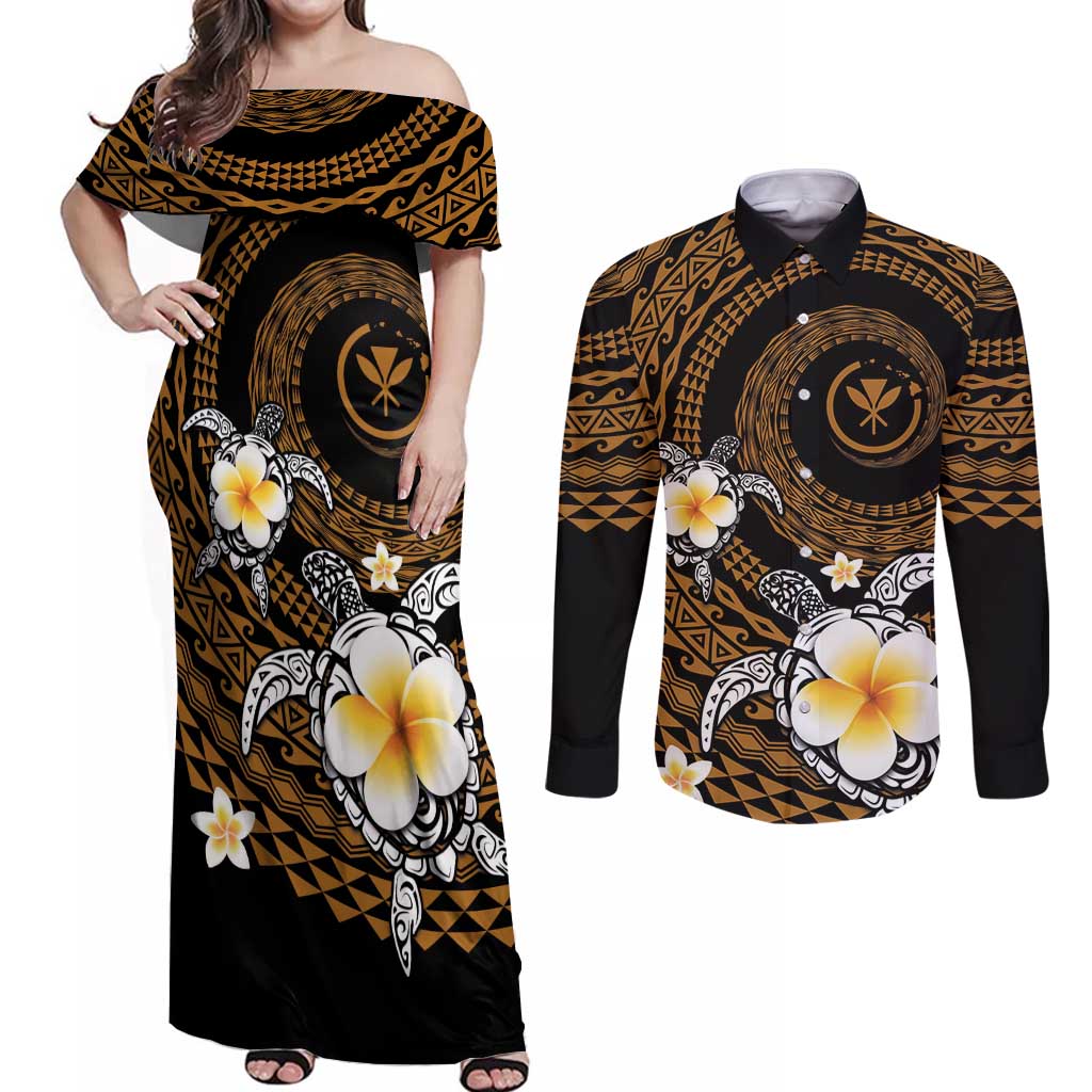 Hawaiian Plumeria Turtle Tribal Spiral Polynesian Tattoo Couples Matching Off Shoulder Maxi Dress and Long Sleeve Button Shirt Gold Color