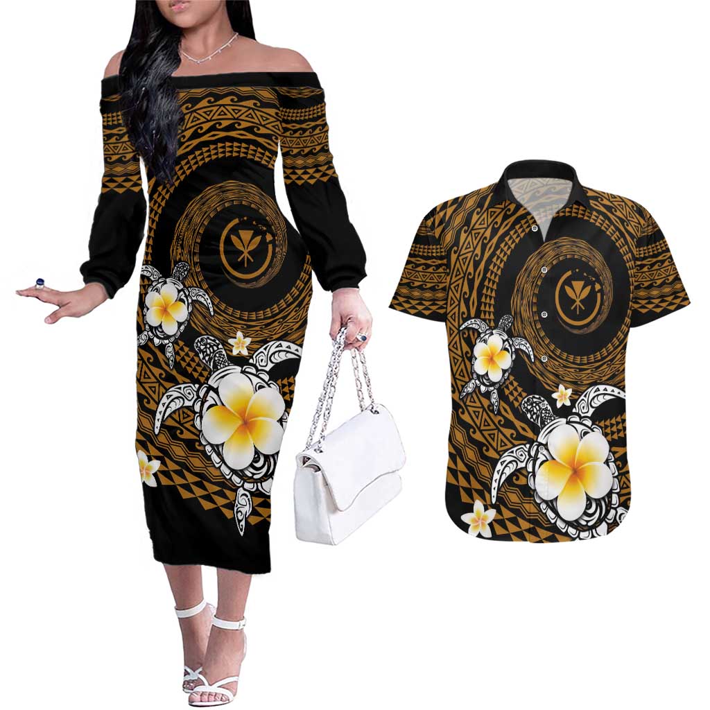 Hawaiian Plumeria Turtle Tribal Spiral Polynesian Tattoo Couples Matching Off The Shoulder Long Sleeve Dress and Hawaiian Shirt Gold Color
