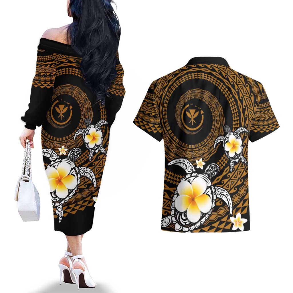 Hawaiian Plumeria Turtle Tribal Spiral Polynesian Tattoo Couples Matching Off The Shoulder Long Sleeve Dress and Hawaiian Shirt Gold Color