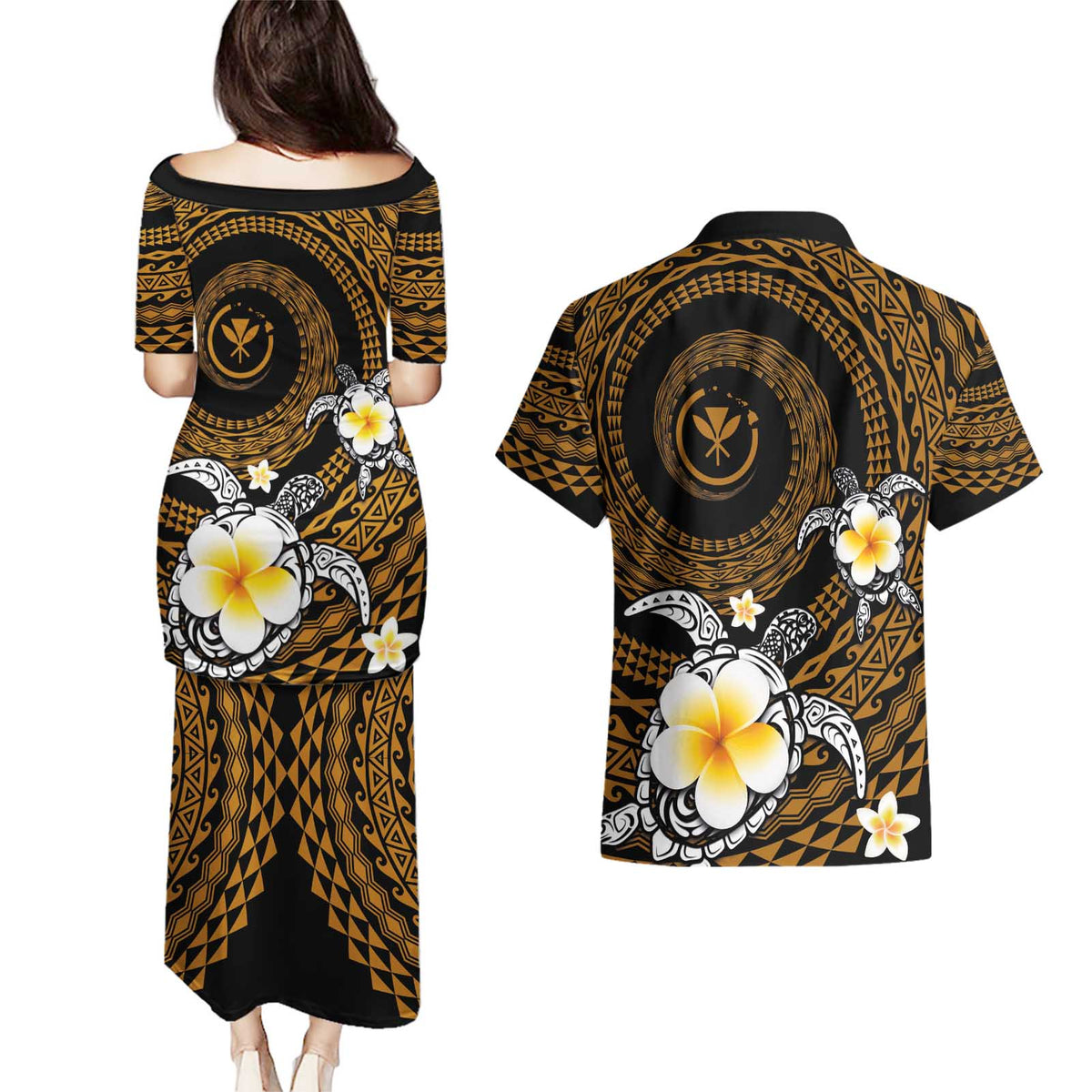Hawaiian Plumeria Turtle Tribal Spiral Polynesian Tattoo Couples Matching Puletasi and Hawaiian Shirt Gold Color