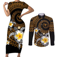 Hawaiian Plumeria Turtle Tribal Spiral Polynesian Tattoo Couples Matching Short Sleeve Bodycon Dress and Long Sleeve Button Shirt Gold Color