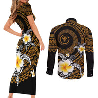 Hawaiian Plumeria Turtle Tribal Spiral Polynesian Tattoo Couples Matching Short Sleeve Bodycon Dress and Long Sleeve Button Shirt Gold Color