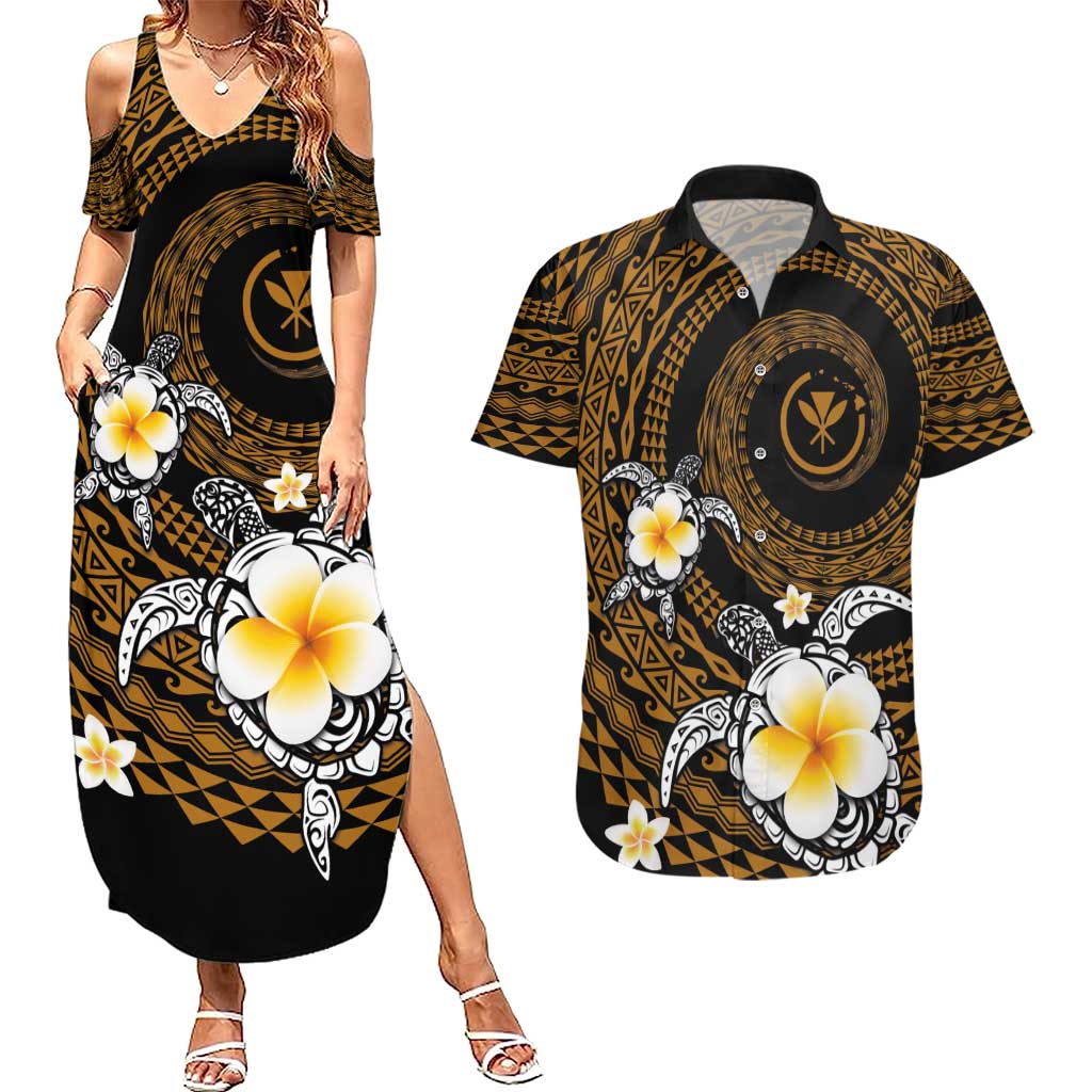 Hawaiian Plumeria Turtle Tribal Spiral Polynesian Tattoo Couples Matching Summer Maxi Dress and Hawaiian Shirt Gold Color