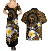 Hawaiian Plumeria Turtle Tribal Spiral Polynesian Tattoo Couples Matching Summer Maxi Dress and Hawaiian Shirt Gold Color