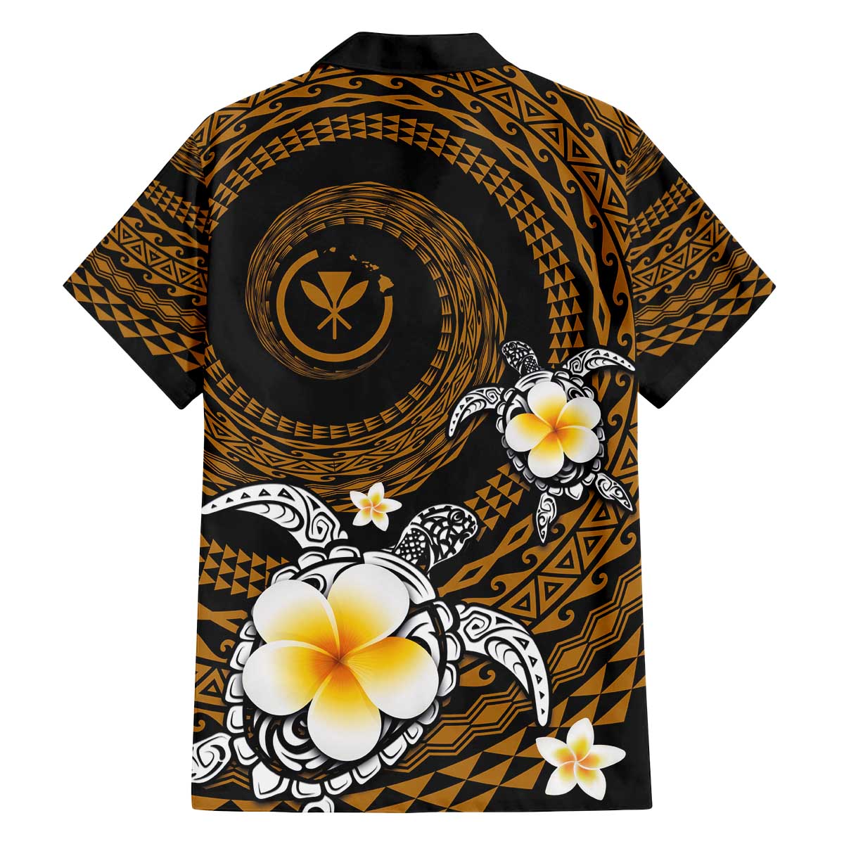 Hawaiian Plumeria Turtle Tribal Spiral Polynesian Tattoo Family Matching Puletasi and Hawaiian Shirt Gold Color