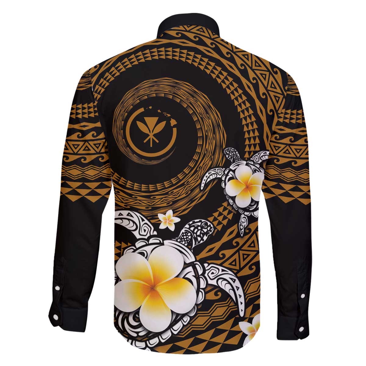 Hawaiian Plumeria Turtle Tribal Spiral Polynesian Tattoo Family Matching Puletasi and Hawaiian Shirt Gold Color