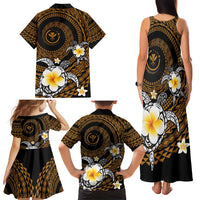 Hawaiian Plumeria Turtle Tribal Spiral Polynesian Tattoo Family Matching Tank Maxi Dress and Hawaiian Shirt Gold Color